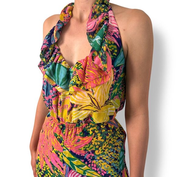 Trina Turk Jumpsuit Jacksonville Sz  XS Floral Wide leg Ruffle Halter Top - Picture 5 of 9